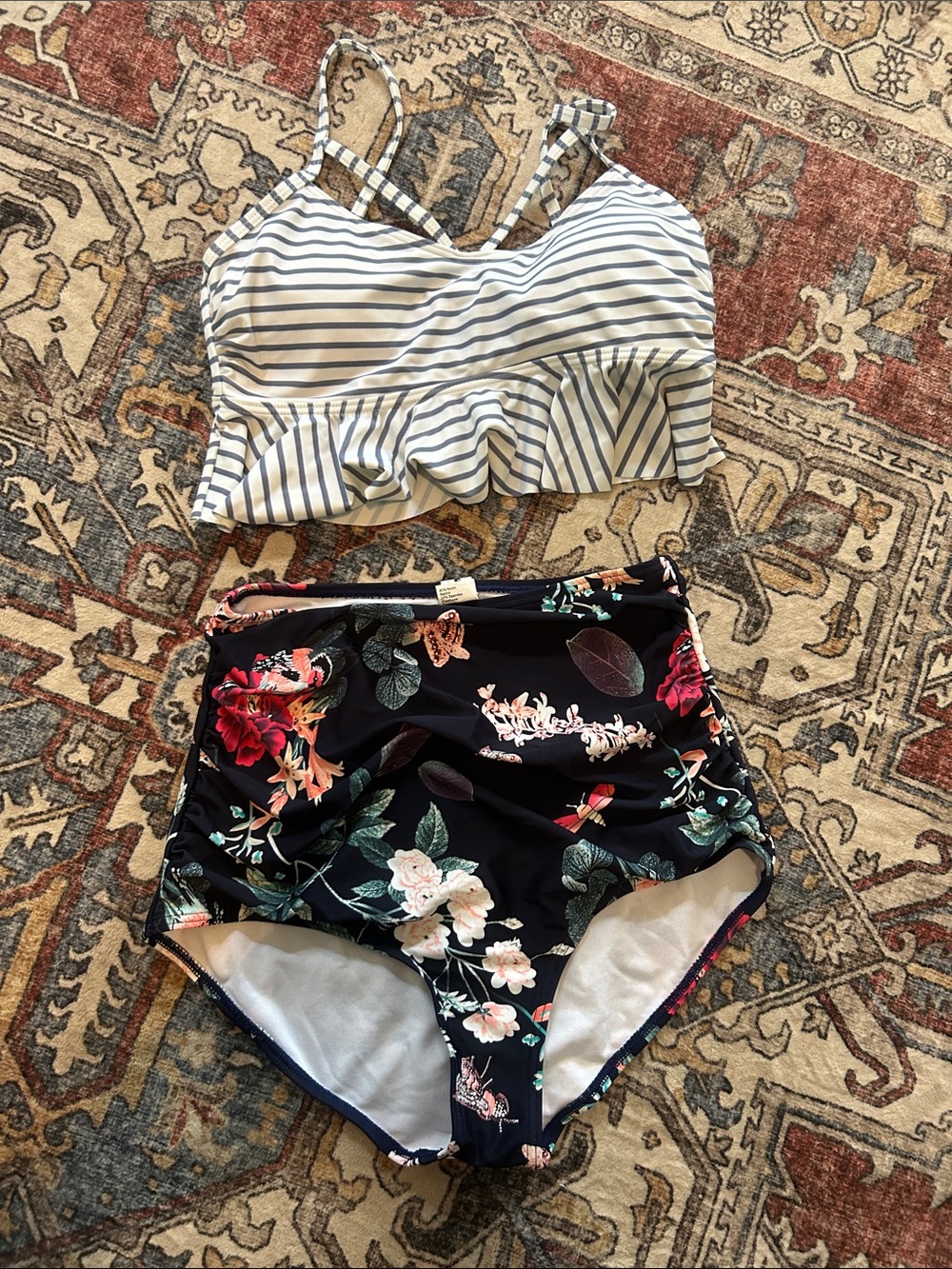 COCOSHIP Navy Floral Bikini Bottoms with Multicolor Blooms